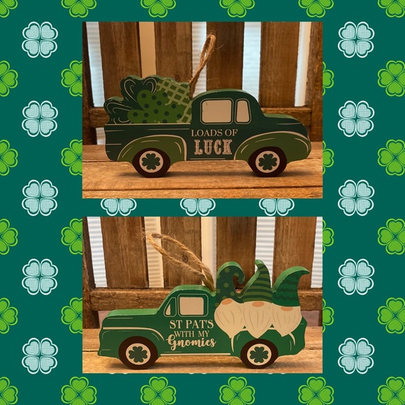 St. Patricks Day Tier Tray Decor Set Of 2, Farmhouse Gnome Truck & Shamrocks - Picture 1 of 16